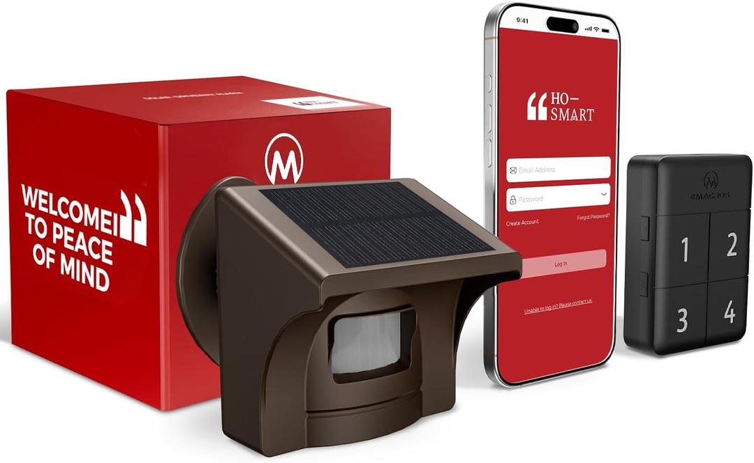 eMACROS Pro 4 Solar Driveway Alarm with App, 1/2 Mile Wireless Range, MotionTriggered Alerts for Long Driveways, Works with Existing Home Cameras, Rechargeable Base Station with 3-Day Backup Power