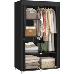 35 Inch Portable Closet for Small Room, Clothing Organizer Storage Rack with Non-Woven Fabric Cover, 1 Clothes Hanging Rod, 6 Storage Shelves, Grey