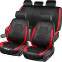 CAR PASS 5 Seats Leather Car Seat Covers, Sideless Car Seat Protectors with Storage Pocket, Water Resistance Seat Cover, Universal Fit Most Cars, SUVs, Trucks and Vans (Full Set,Black and Red) (Black and Red - Sideless)