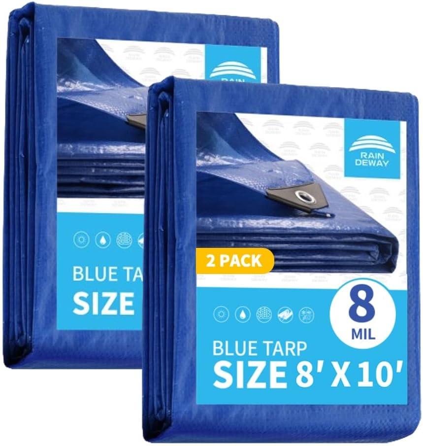 RAINDEWAY Tarps 8x10 Feet (2 Pack) 8 Mil, UV Resistant, Durable, Waterproof Poly Tarp Cover with Metal Grommets and Reinforced Edges,Blue Tarp