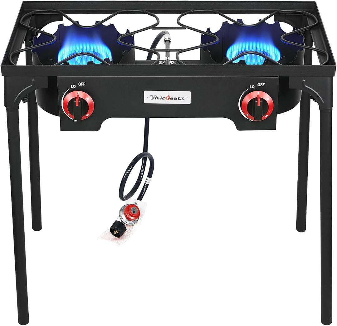 VIVICREATE Propane Grill 2 Burner Outdoor Propane Stove Portable Gas Grill High-Pressure Camping Stove Double Burner Cooker for Camping Backyard BBQ Outdoor Cooking