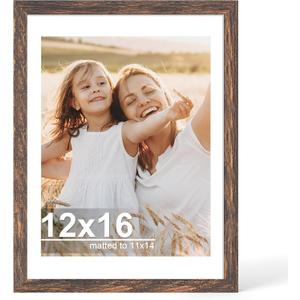 Hongkee 12x16 Picture Frame with Glass, Display Picture 11x14 with Mat or 12x16 Without Mat, 11 by 14 Photo Wooden Frames for Wall Mounting (Rustic Brown, 1 Pack)