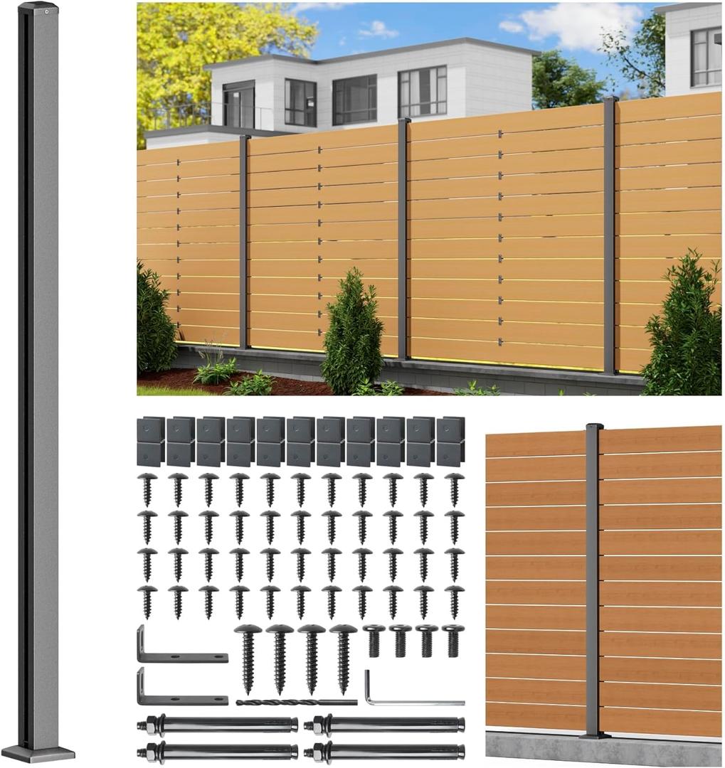 6FT 201 Stainless Steel Heavy Duty Fence Post for Wood Slats(Serial Post), Outdoor Ground Install Wooden Privacy Fence Panels Posts Matte Black 1Pack