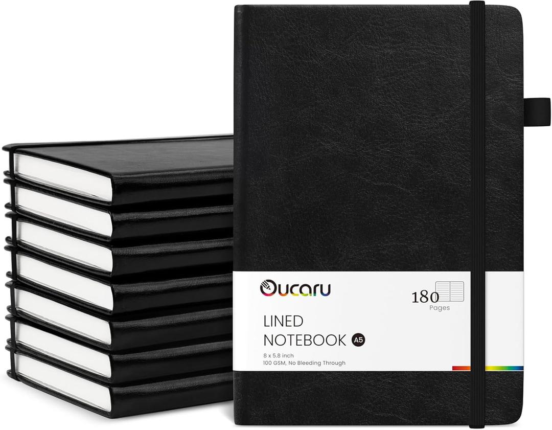 Oucaru Lined Journal Notebook, 8 Pack, 180 Pages, A5 Journals for Writing, 100 GSM Thick Paper, Small Notebooks Daily Journal for Women Men Work, Business, School, Travel Supplies (Black)