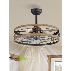 LEDIARY 22 inch Caged Ceiling Fan with Light, Fandelier Industrial Ceiling Fan with Remote, Farmhouse Fan Lights Ceiling Fixtures for Kitchen, Bedroom, Outdoor6 Speed, Timing-Brown