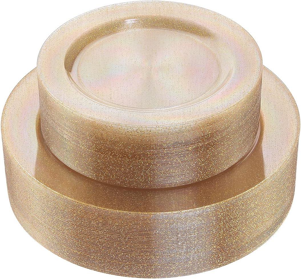 I00000 102PCS Gold Glitter Plastic Plates, Gold Glitter Disposable Plates Clear Plastic Party Plate Include 51 Dinner Plate 10.25" and 51 Dessert Plate 7.5" for Parties & Wedding