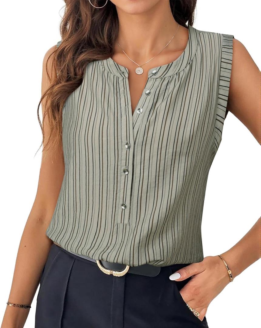 Womens Sleeveless Button Down Shirts Blouses Striped Casual Business Tank Tops Office Work (L)