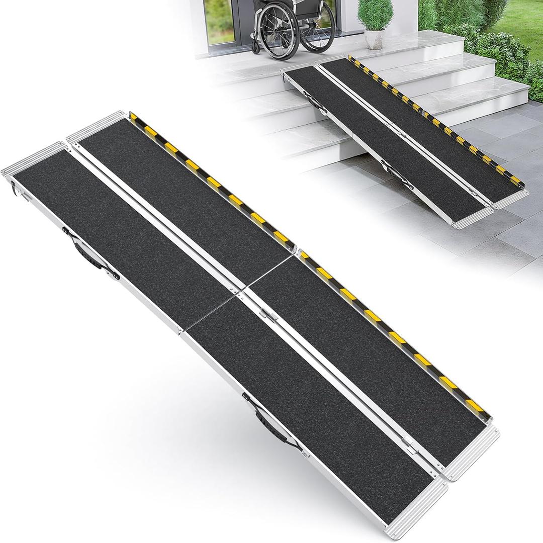 8 Feet Portable Wheelchair Ramp, 600 LBS Capacity Folding Aluminum Threshold Ramp with Anti-Slip Surface, Mobility Access Handicap Ramp for Home Steps, Doorway, Stairs, Doorways, Scooter