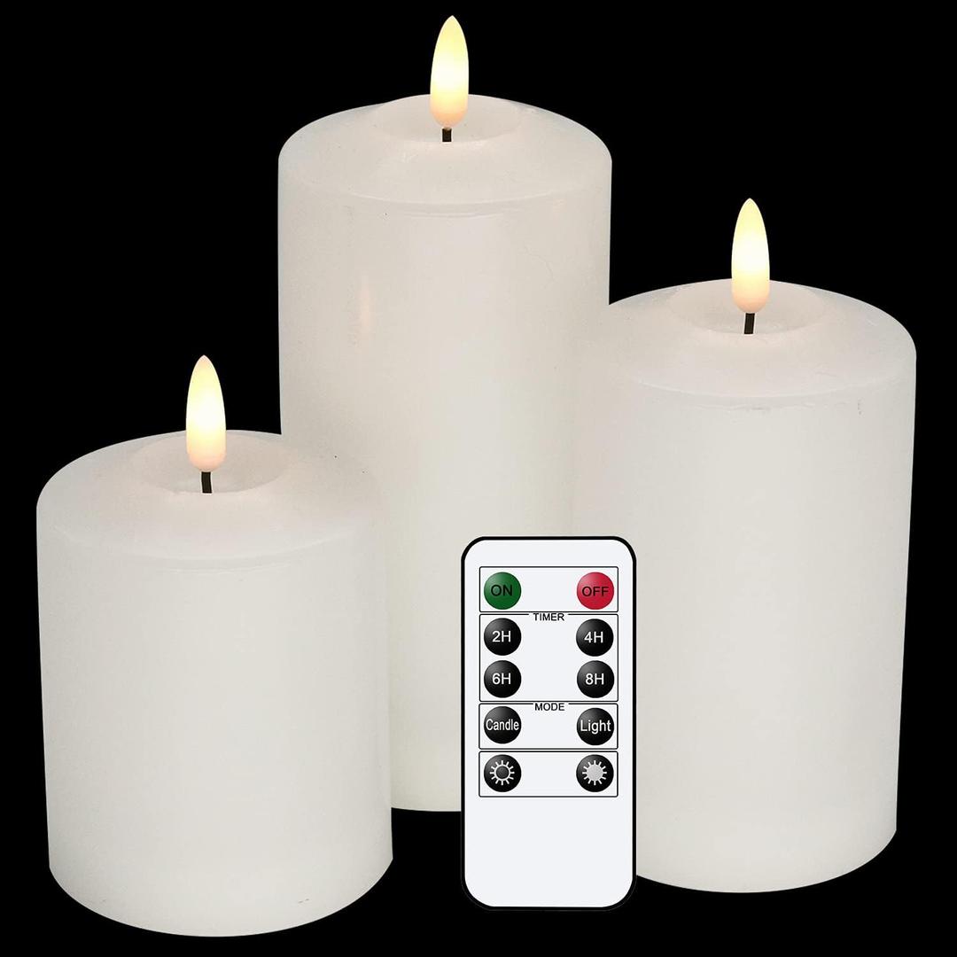 GenSwin 3D Wick Flameless Flickering Candles Battery Operated with Remote Timer, Real Wax Pillar LED Votive Candles Warm Light, Set of 3 Party/Wedding/Home Decor(White, D3 x H4.6 5.8 6.8)