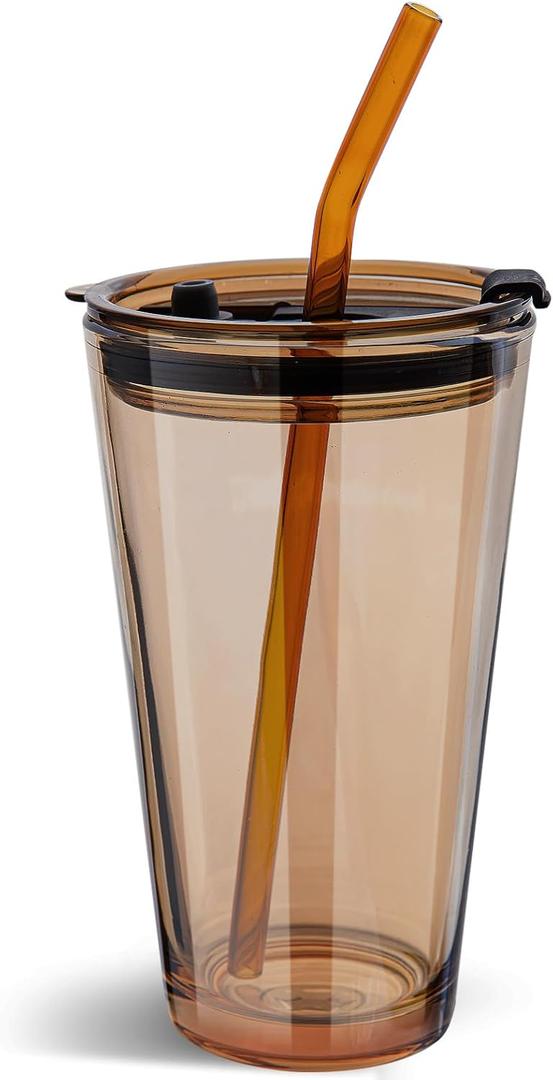 Olvini 15oz Glass Tumbler with Straw and Lid, Cute Iced Coffee Cups, Aesthetic Glass Cups, Coffee Tumbler, Water Cup, Matcha Cup, Drinking Glasses (Amber)