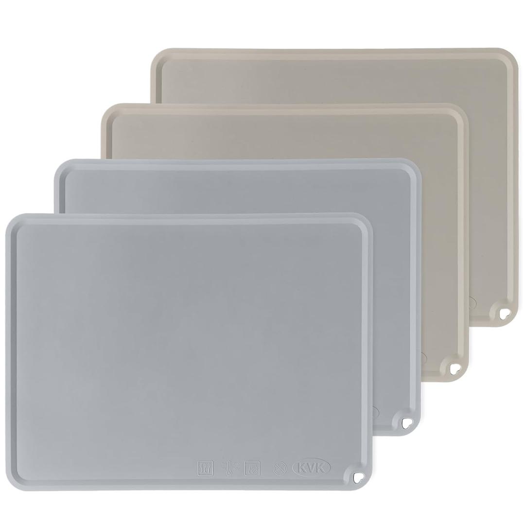 KVK Silicone Placemats for Toddlers Thicker Version, Non-Slip Reusable Kids Placemats for Dining Table, Stain-Proof Baby Table Mat for Restaurants 4 Packs (Light Gray & Beige) (1612in)