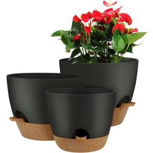 UUBEMM Self Watering Planters with Drainage Holes, Set of 3 Plastic Plant Pots with Deep Reservoir for Indoor Outdoor Garden Flowers Plants, 10+9+8 Inch (Black)