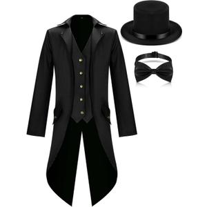 Geyoga Halloween Mens Steampunk Vintage Tailcoat Jacket Costumes Medieval Gothic Uniform and Hat Bow Tie (Large, Black)