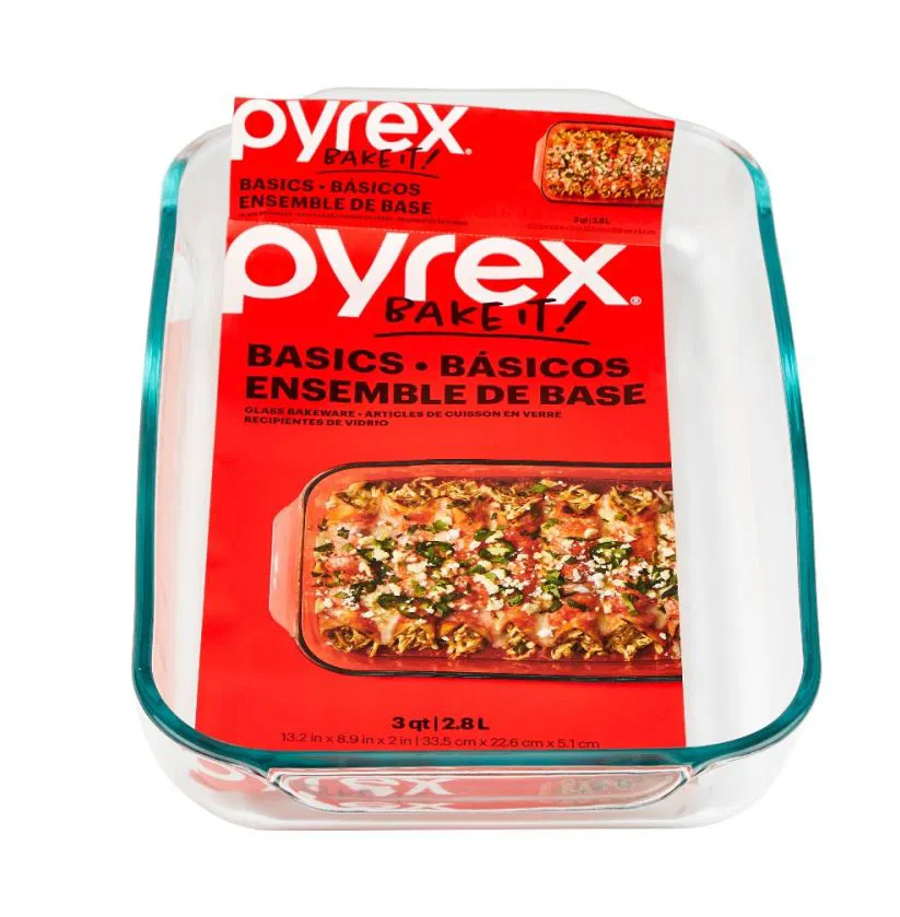 Pyrex Basics 3 Quart Oblong Glass Baking Dish, Clear 9 x 13 inch - Set of 1 - Original Genuine Pyrex - Made in the USA