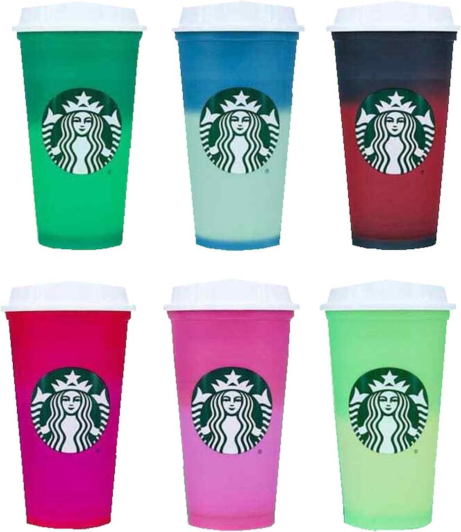 Starbucks Plastic Holiday 2021 Limited Color Changing Reusable Hot Cups with Lids - Set of 6
