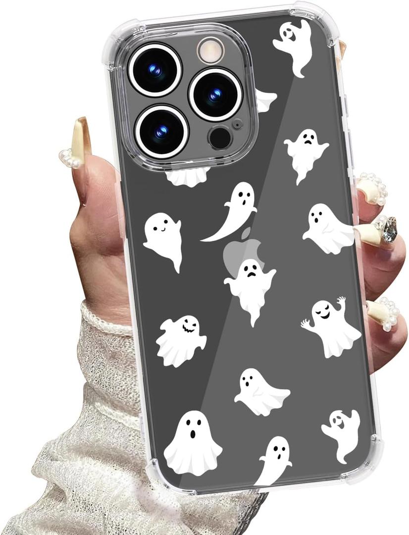 Halloween Phone Case for iPhone 14 Pro Max, Clear Cute Ghosts Pattern Cover, Anti-Yellowing Soft TPU, Slim Shockproof Phone Case for Girls Women Girly, Ghosts/White