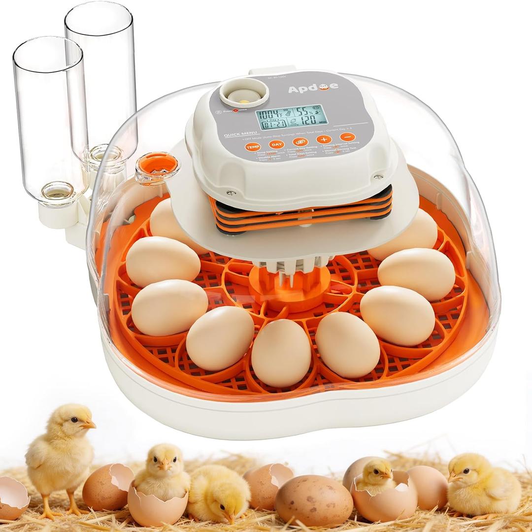 APDOE Egg Incubators for Hatching Eggs, Temperature and Humidity Control, Automatic Egg Turning, Egg Candler, External Water Bottle, Air Vent, for Chicken, Duck & Quail Eggs, 12 Eggs + 30 Quail Eggs