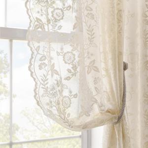 FINECITY Beige Lace Curtains 36 Inch Length 2 Panels Rustic Leaf Floral Short Sheer Curtains for Kitchen Window Over Sink, Rod Pocket Privacy Light Filtering Lace Cafe Curtain, 42 x 36 Inch