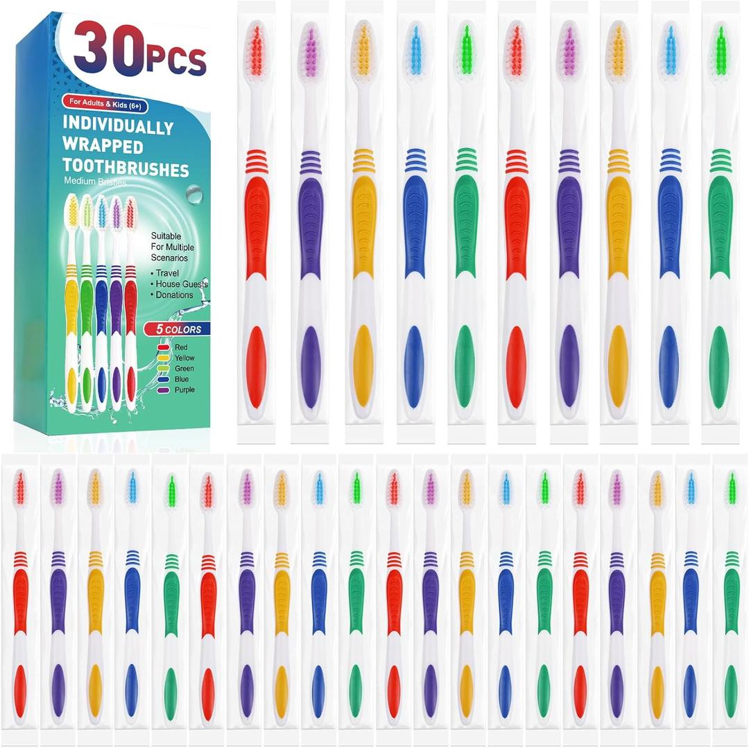 Navona 30 PCS Premium Individually Wrapped Bulk Toothbrush Pack, Disposable Toothbrushes, Kids Toothbrush, Medium Soft Bristle Toothbrushes, Ergonomics Handle, Perfect for Travel Hotel Donation