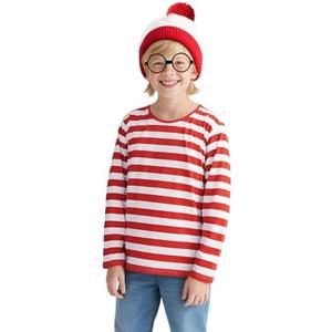 Focupaja Red and White Striped Suits Kids Halloween Costume Long Sleeve Shirt Hat Glasses Boys Girls Cosplay Outfit (L, Red Stripes