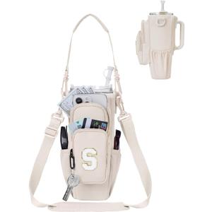 sportsnew Birthday Gifts for Women Personalized Initial Water Bottle Holder with Strap fits most 40oz Tumbler with Handle Water Bottle Carrier Bag with Phone Pocket & Straw Topper Tumbler Accessories (Beige)