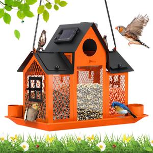 Solar Bird Feeders House for Outside Hanging, Metal Wild Bird Feeder for Outdoors, Large Cardinal Bird Feeder Birdhouses Orange