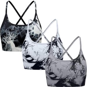 OVESPORT 3 Piece Women's Workout Sports Bras Seamless Tie-dye Strappy Gym Yoga Crop Bra (Medium, White/Black/Gray)