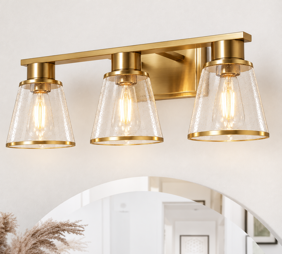 3-Light Brushed Brass Bathroom Vanity Lights, Gold Bathroom Light Fixtures Over Mirror with Glass Shade, 22in Modern Wall Sconces for Bath Mirror Bedroom Hallway, E26 Base (Bulbs Not Included)