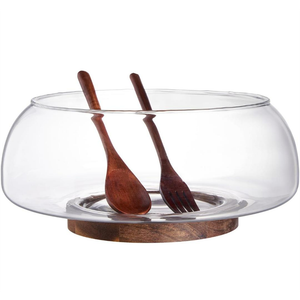 Large Glass Salad Bowl Set with Acacia Wood Base and Salad Serving Utensils, Salad Servers for Party, Fruits, Popcorn, Chips, Pasta, Kitchen Must-Have