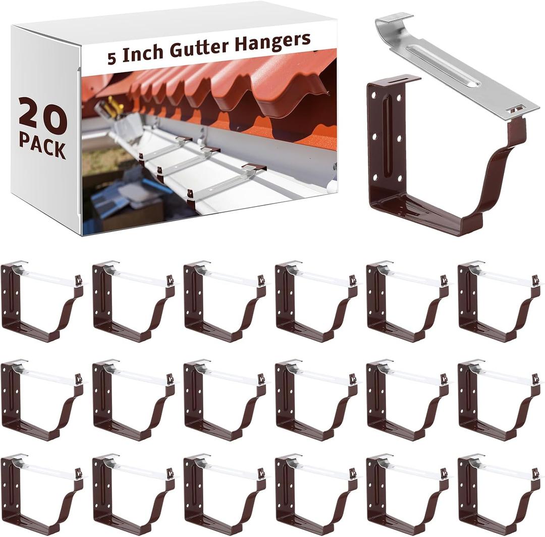 Moxweyeni 20 Pack Gutter Brackets 5 Inch Gutter Hangers Heavy Duty Hidden Rain Brackets with Pre Inserted Screw, Aluminum Exterior Hook Parts Repairing Sagging Tool (Brown)