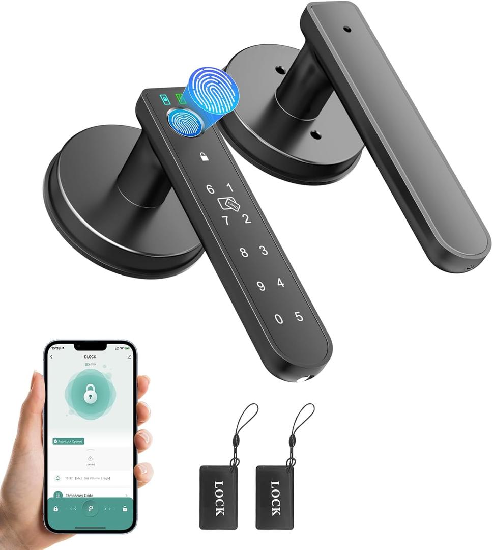 Fingerprint Door Lock, 6-in-1 Smart Door Knob with App Control/Fingerprints/IC Cards/Passwords/2 Keys, Fingerprint Door Knob Biometric Door Lock for Bedroom Apartment, Black