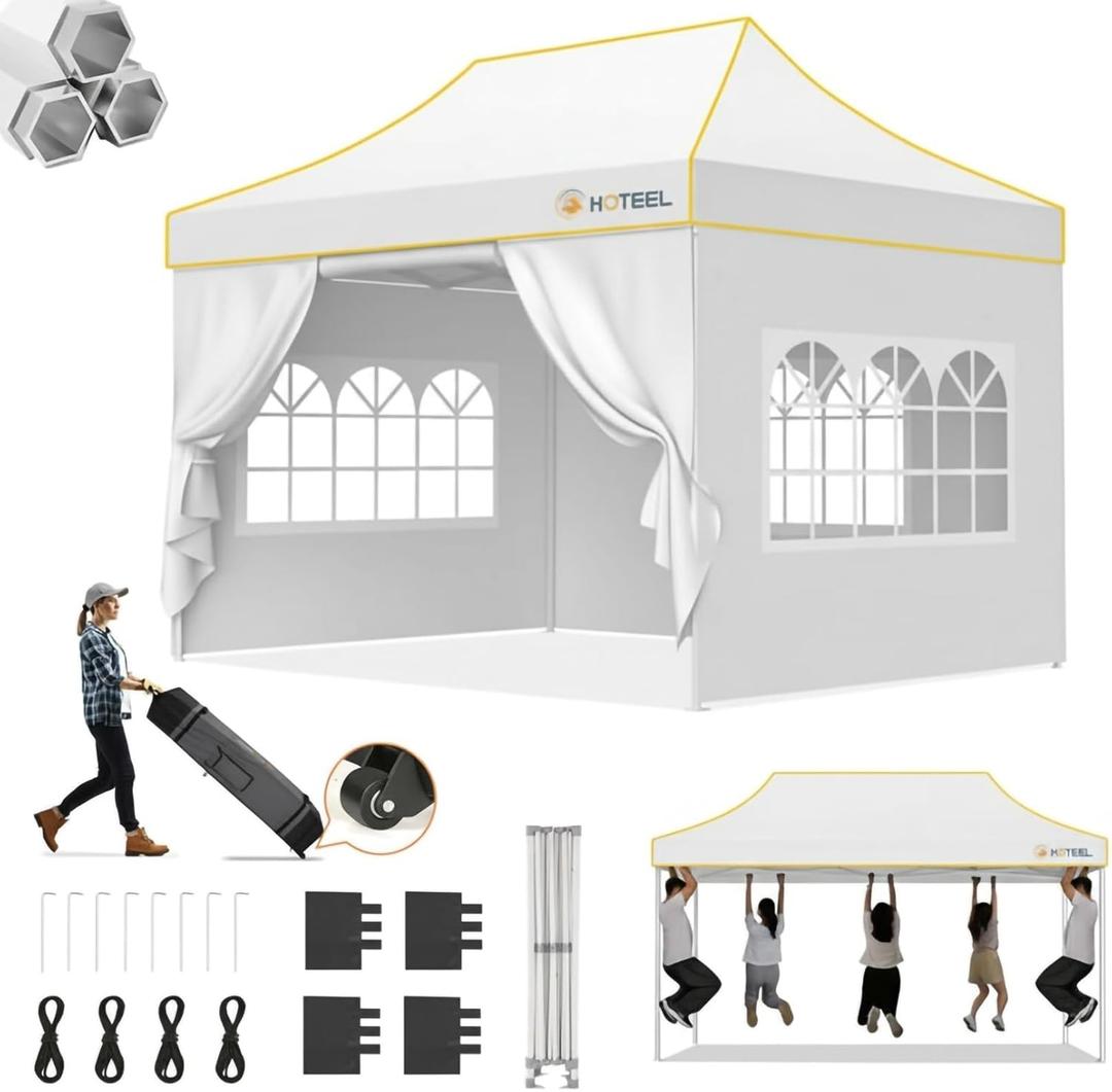 Hoteel Gazebo, 3 x 4.5 cm, Waterproof, Stable, Winterproof, Reinforced Folding Gazebo with Hexagonal Tube Frame, Anti-UV Party Tent, Foldable Garden Gazebo for Markets, Carry Bag with Wheels, 4 Sand