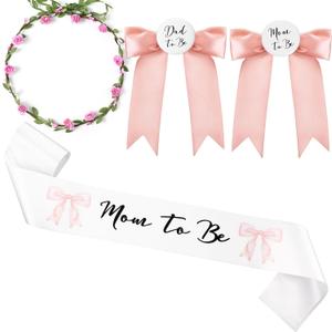 Xinnun 4 Pieces Mom to Be Sash Baby Shower Decoration Pink Bow Themed Sash for Mommy and Dad Corsage Pin with Sage Green Leaf Flowers Crown for Baby Shower Party Favors Gender Reveal (Pink)