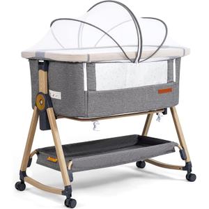 Maydolly Baby Bassinet & Bedside Sleeper, 3 in 1 Rocking Bassinet with Mattress & Sheet, Adjustable Height, Removable Breathable Cover, Easy Folding Infant Crib (Grey)