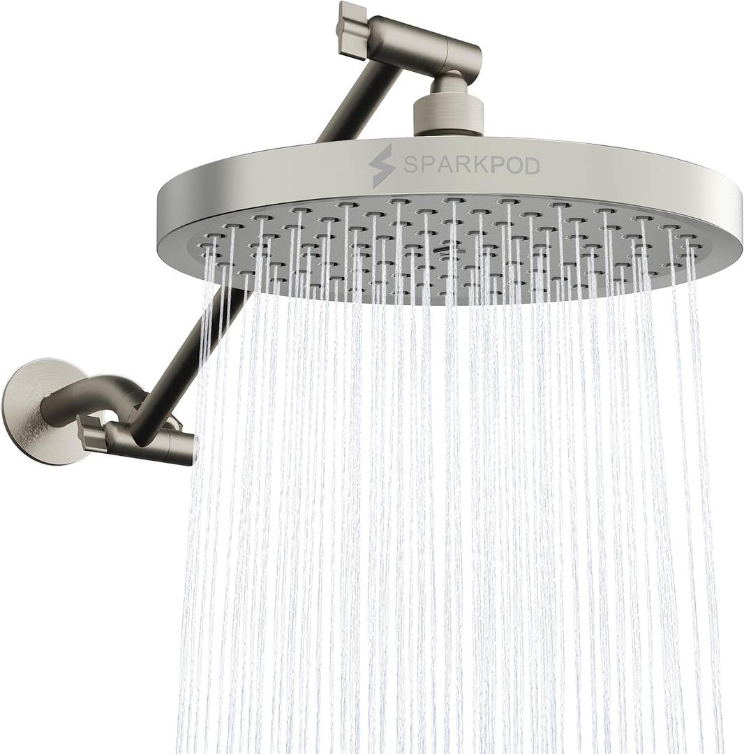 SparkPod Round Rain Shower Head with Extension Arm - Height Adjustable Shower Head with High Pressure Performance - Easy 1-Minute Installation (8" Round, Elegant Brushed Nickel)