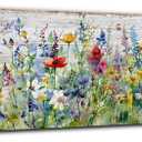 Rustic Wildflower Wall Art Colorful Farmhouse Floral Scenery Picture Decor Watercolor Flower Landscape Wood Grain Prints Painting Artwork for Living Room Office Bathroom Bedroom Home Decoration 14x48"