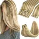 GOO GOO Clip in Hair Extensions Real Human Hair, Remy Human Hair Extensions Clip ins for Women, Natural Human Hair, 18inch 150g 9Pcs, 16/22 Light Blonde Highlighted Golden Blonde