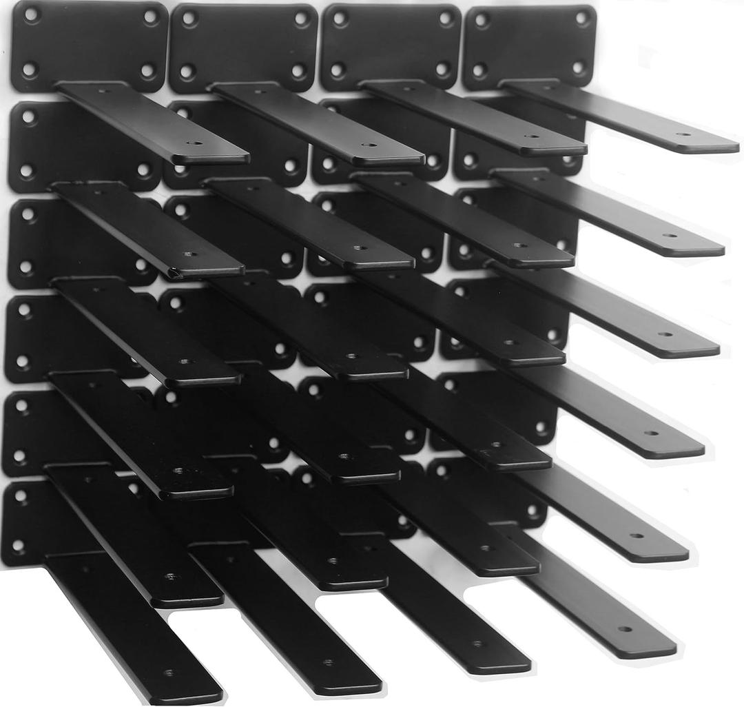 24 Pack - 8 inch Black Hidden L Shelf Bracket (1/5 Inch Thicked) Iron Floating Shelf Brackets Rustic Industrial Metal Brackets for Shelf Support