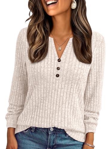 Womens Henley Long Sleeve Shirt Fall Top V Neck Fashion Dreesy Casual Tunic Sweaters Clothes Trendy Work Outfits
 Size L