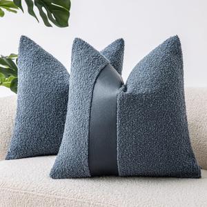 18"x18" Denim Blue Boucle Throw Pillow Covers with Faux Leather Accents Set of 2 Fluffy Textured Decorative Pillow Cases for Couch Bed Boho Farmhouse Square Cushion Covers for Nordic Home