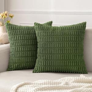 MIULEE Pack of 2 Moss Green Throw Pillow Covers 18x18 Inch Corduroy Decorative Couch Pillow Covers Soft Boho Striped Pillow Covers Modern Farmhouse Home Decor for Sofa Living Room Bed