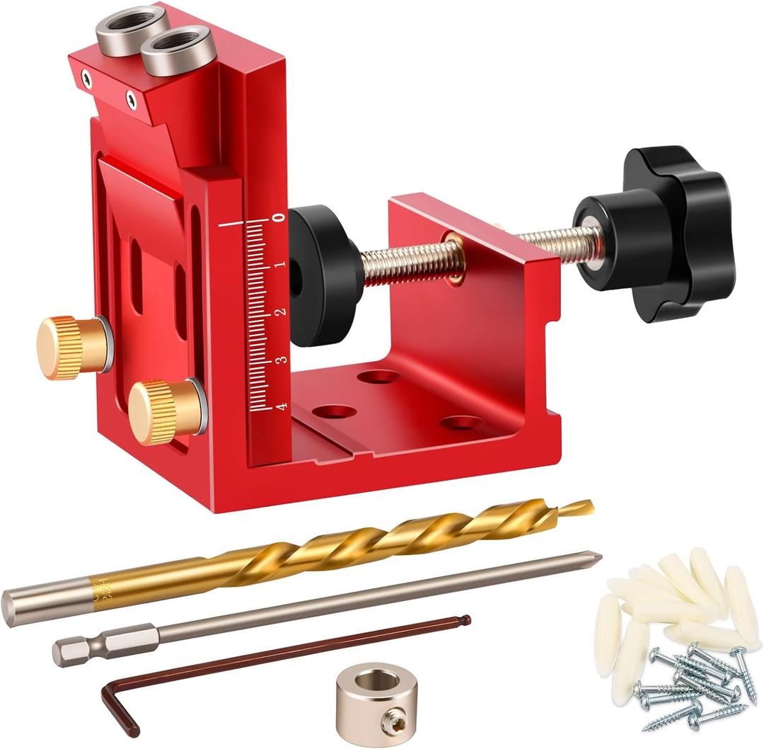 Pocket Hole Jig Kit - Metal Drilling Locator - Woodworking Joint Angle Guide Tool - Pocket Screw Jig System with Depth Setting Collar and 2 Carbon Steel Drill Bit (Pocket Hole Jig Kit)