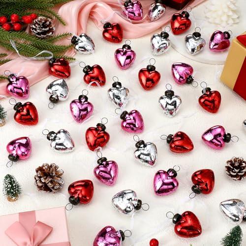 AceOrbit 18 Pcs Valentine's Day Mercury Glass Heart Ornaments Heart Baubles Hanging Ornaments Red Pink Silver Romantic Vintage Handcrafted Decoration for Party Valentines Wedding Wreath Tree