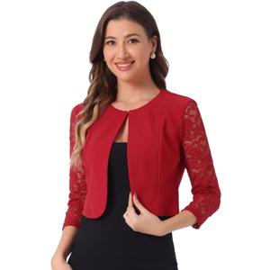 Allegra K Women's Shrug with Lace Sleeve Open Front Formal Jacket for Evening Dresses (Red, L)