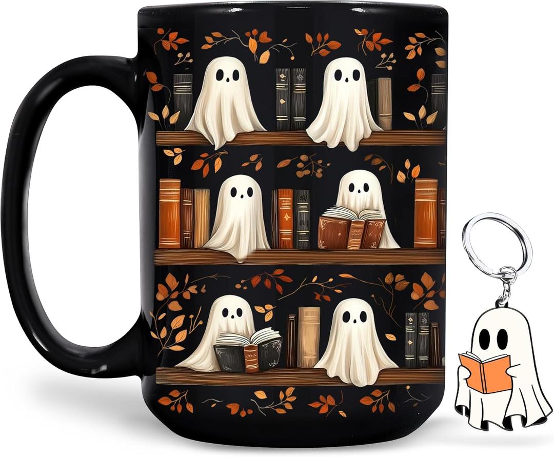 Hyturtle Cute Ghost Read Book Mug - Black Coffee Cup Ceramic Mug 15 Oz And Keychain - Book Gifts For Women Lover - Bookish Gift For Bookworm Librarian - Inspirational Librarian Present For Halloween