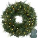 Christmas Wreath Pre-lit 24 inch with 50 Led & Cupressus Tips, Battery Operated Artificial Christmas Wreaths for Front Door with Timer Lights, Wreath for Christmas Decoration Door Windows Wall Green