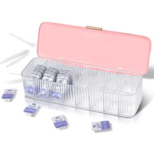 P-80 Daily Contact Lens Organizer with Remover & Tweezer, Disposable Lens Dispenser, Clear Plastic Box for All Brands (Pink)