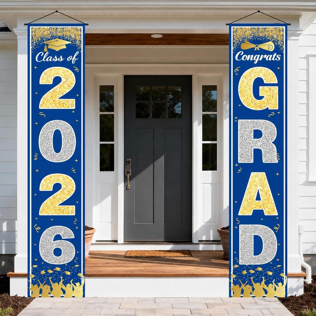 OHOME Graduation Decorations 2026 2027- Blue Gold Congrats Grad Porch Banner for Graduation Party Decorations - Class of 2026 - Party Favors Supplies Backdrop Yard Signs Decor (Blue)