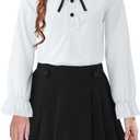 Girls White Blouse Ruffle Long Sleeve Button Down Shirt and Pleated Skirt School Uniform 2 Piece Outfit Set, Black, 11-12 Years
