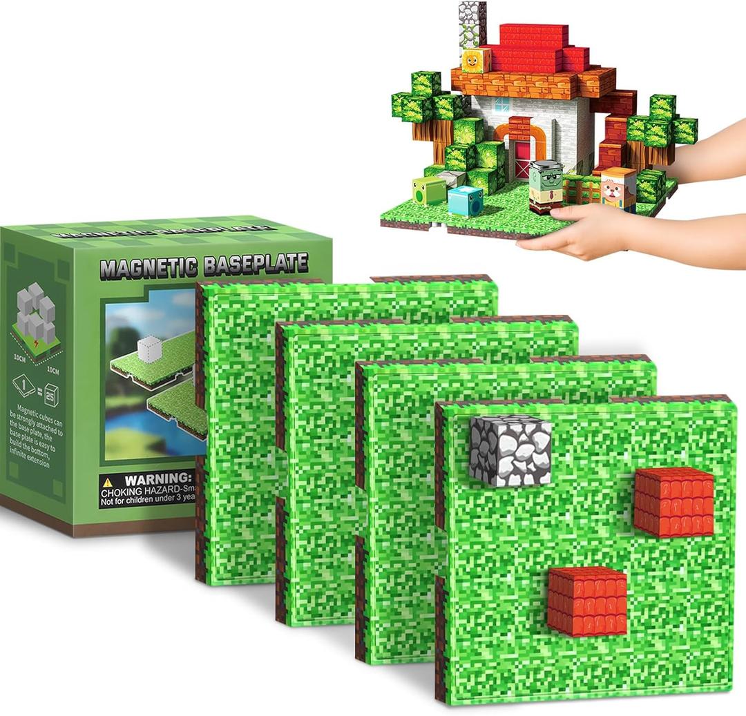 Magnetic Blocks Baseplate - Magnet Toys for Kids, 4PCS Baseplate for Minecraft Magnetic Building Blocks Placing 4" x 4", STEM Toys Birthday Gifts for Boys Girls Age 3+ Years Old, Grassland
